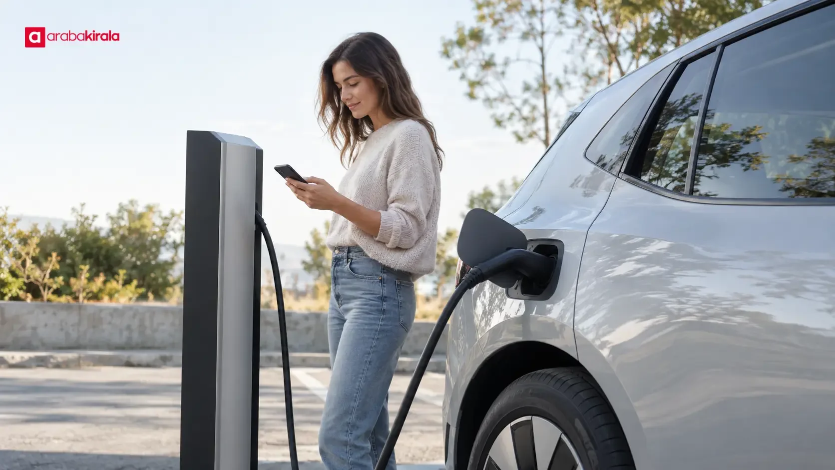 Halka açık şarj istasyonunda elektrikli kiralık aracı şarj eden sürücü
