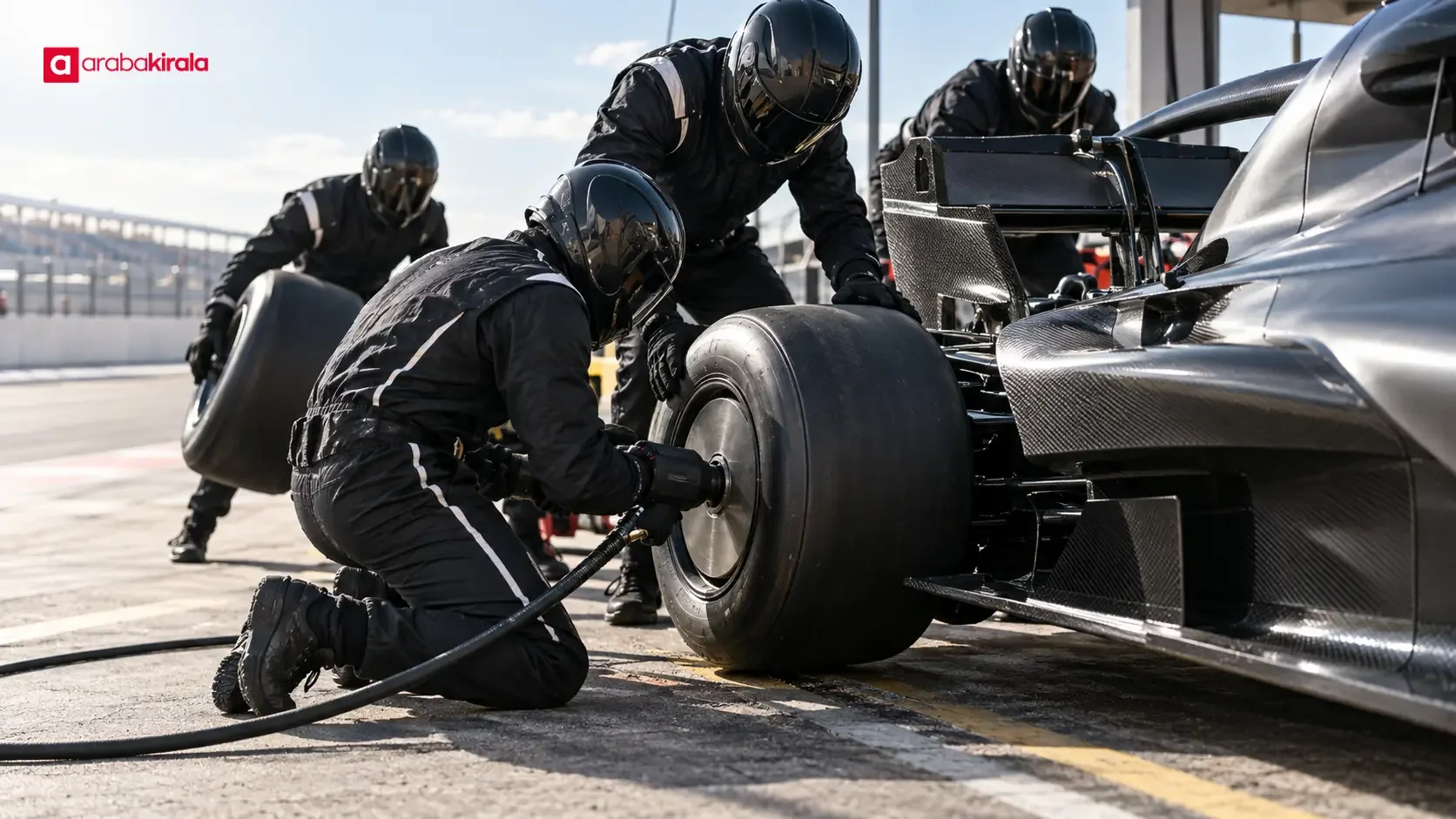 Formula 1 pit crew coordinating a tyre change while a car is stopped in the pit lane