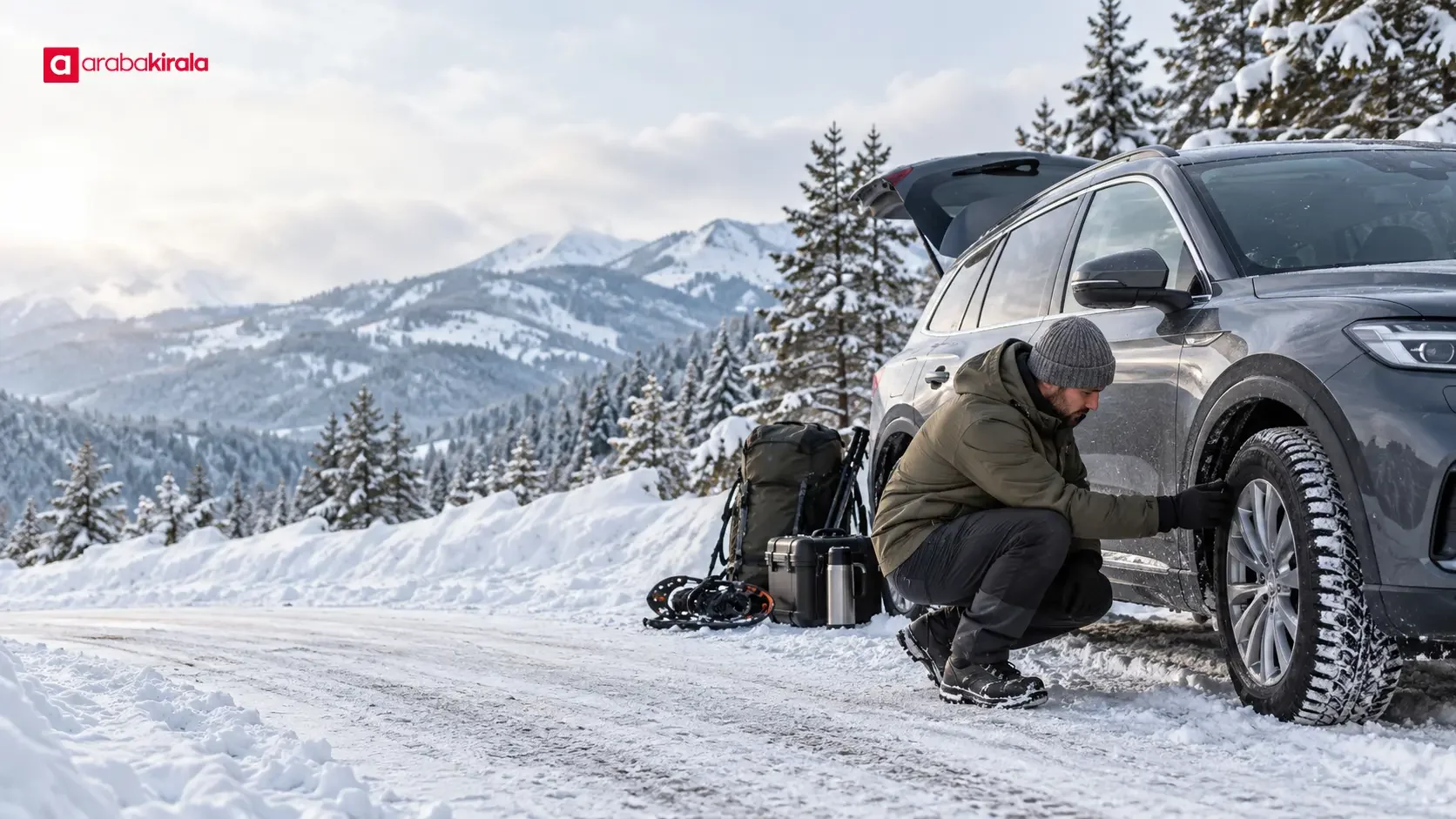 A car on a snowy winter road near Uludağ with a snow-covered mountain landscape