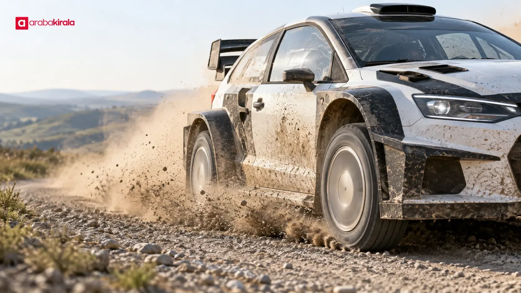 Gevşek toprak zeminde viraj alan dört çeker ralli otomobili