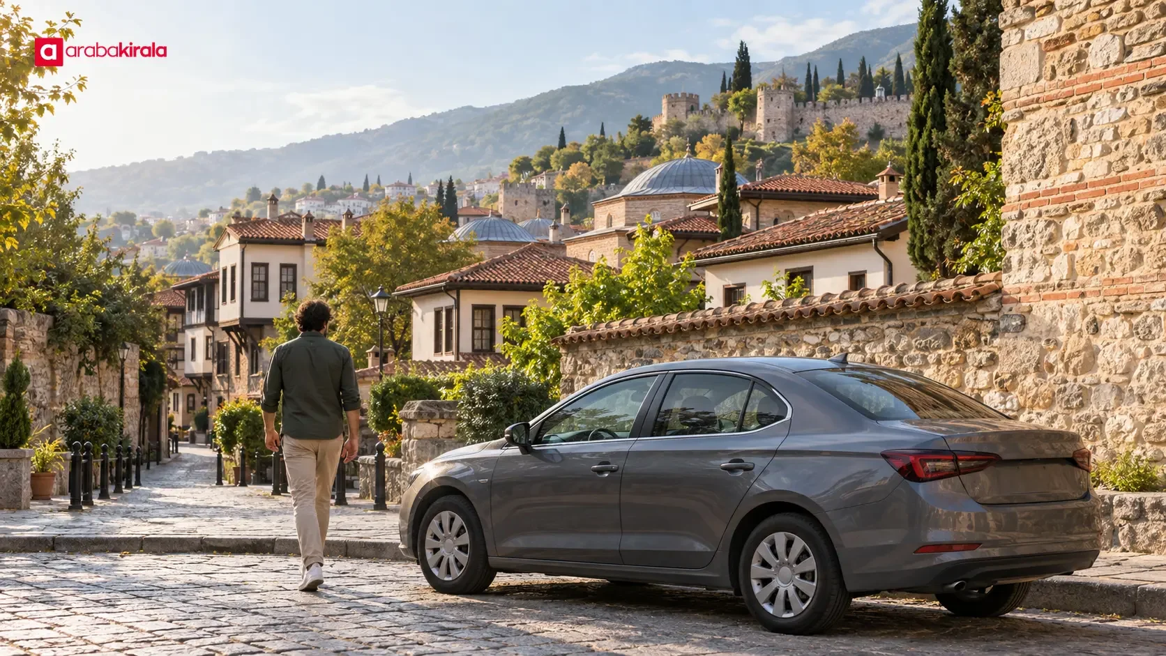 Visitors planning a parking spot and walking route near Bursa’s historic buildings