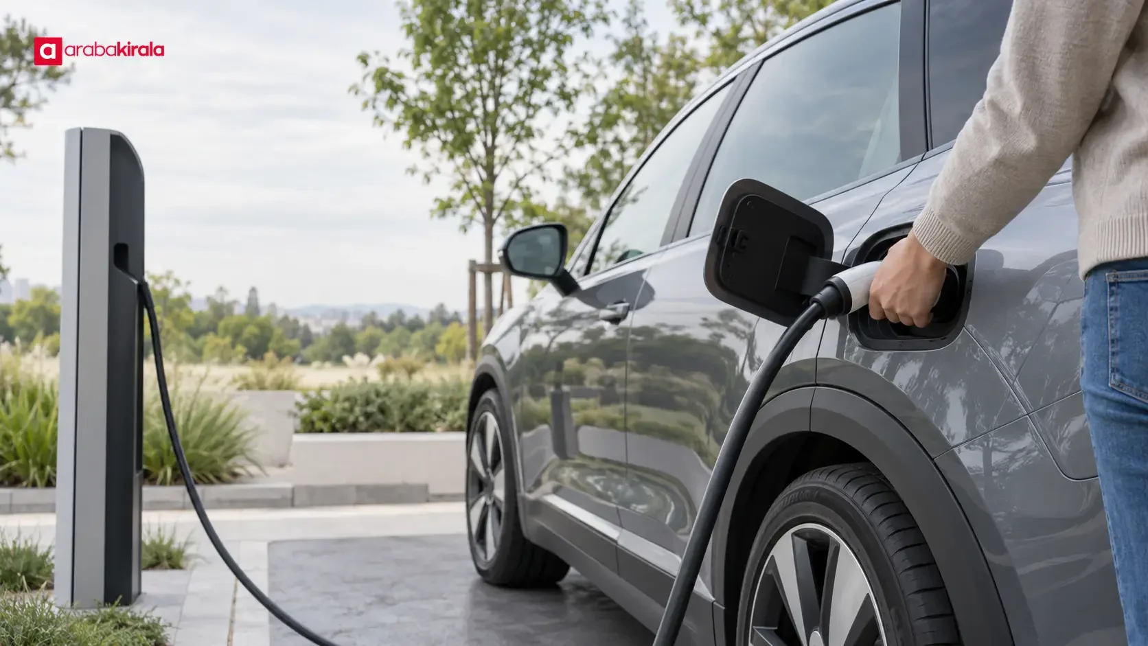An electric car connected to a charging station