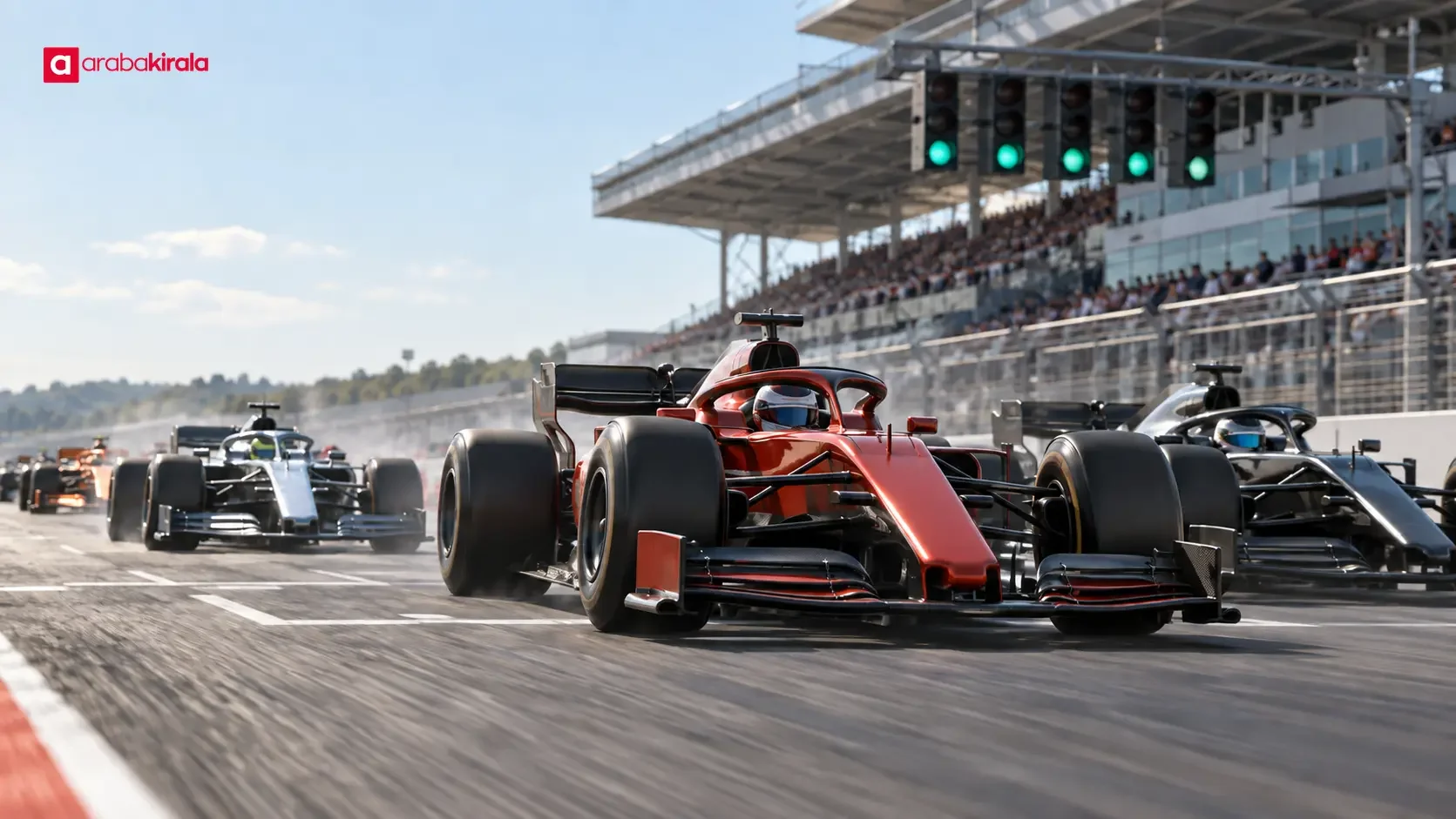 Formula 1 araçları kırmızı start ışıkları sönerken yarışa kalkış yapıyor