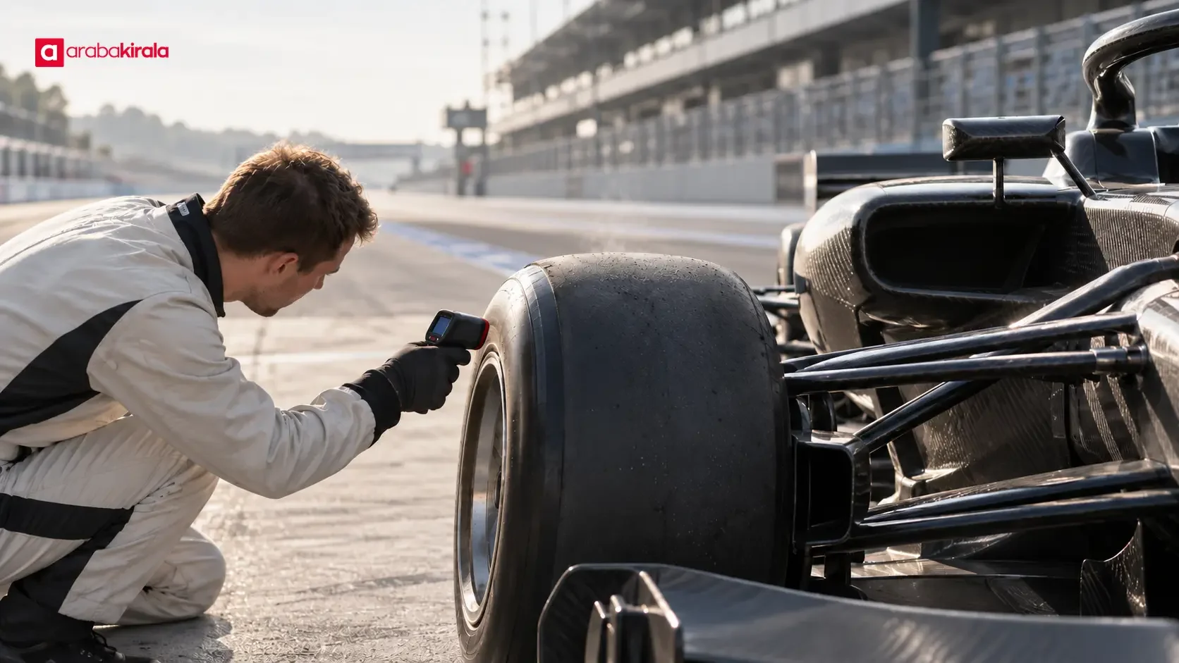Formula 1 aracının pistte farklı lastik bileşikleriyle ilerleyişini gösteren yarış sahnesi