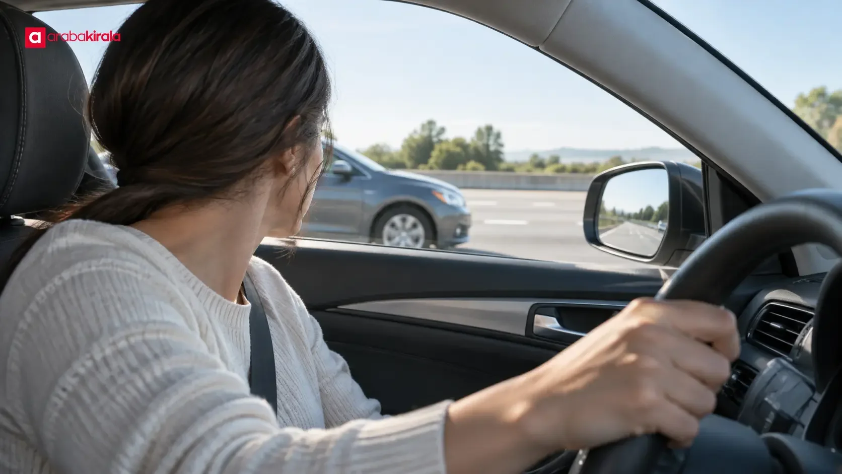 Driver adjusting car mirrors and checking the surrounding lane before changing lanes