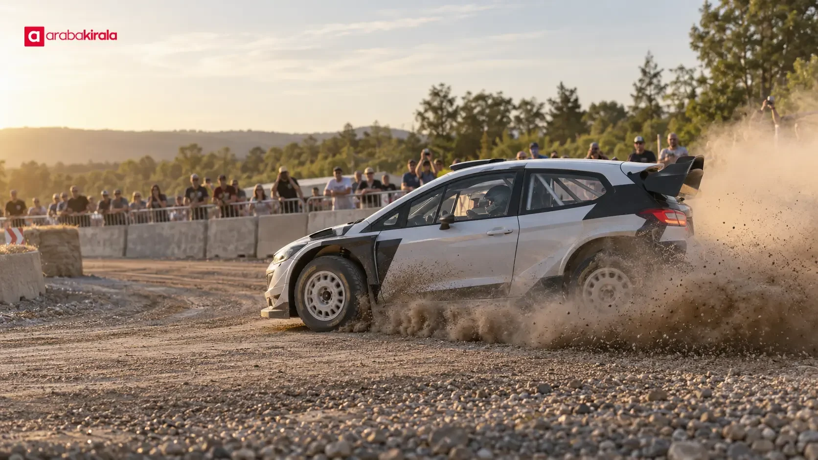 Rally cars competing on a closed WRC super special stage while spectators watch from designated safe areas