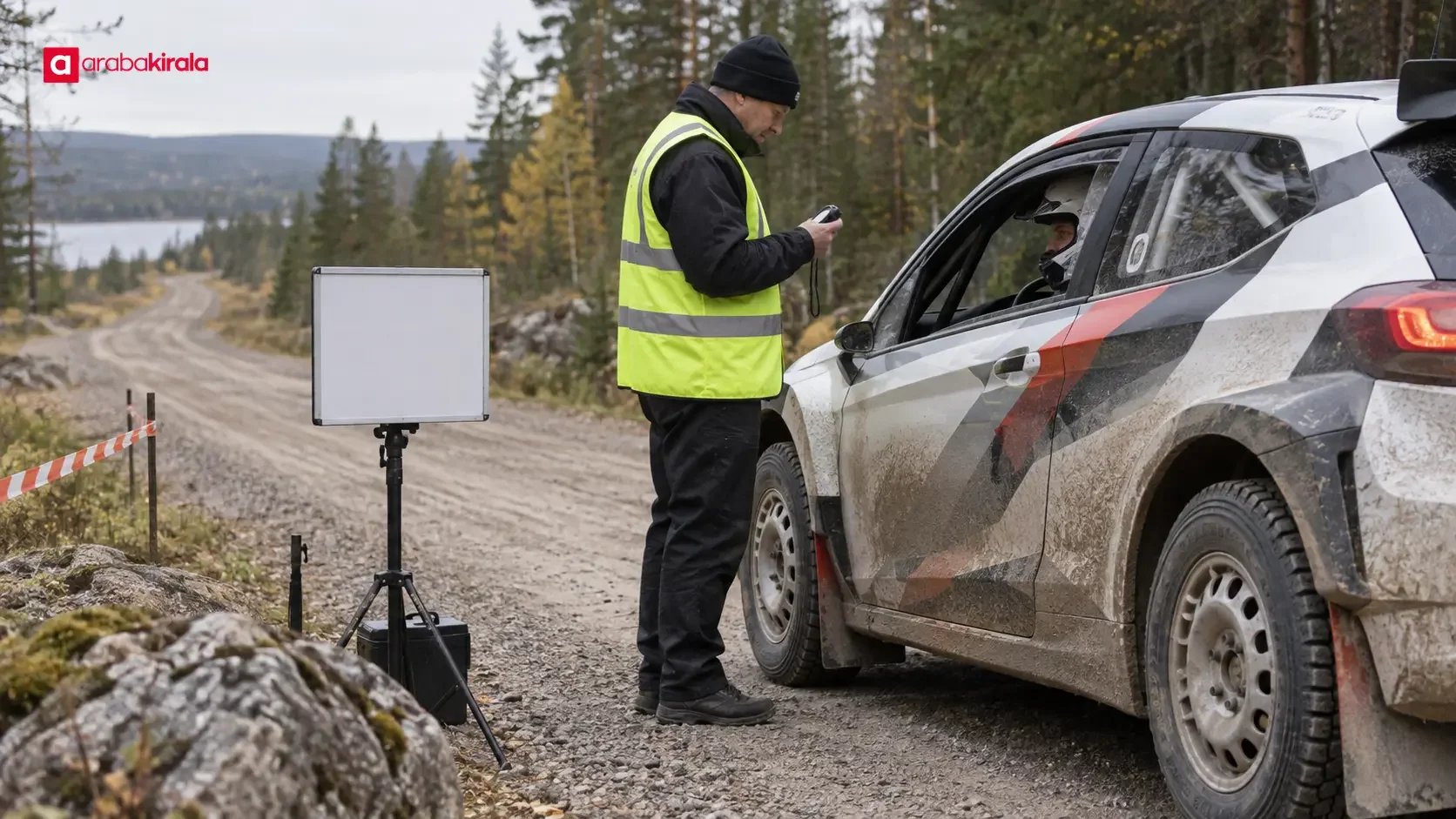 WRC rallisinde zaman kontrol noktasına yaklaşan yarış otomobili