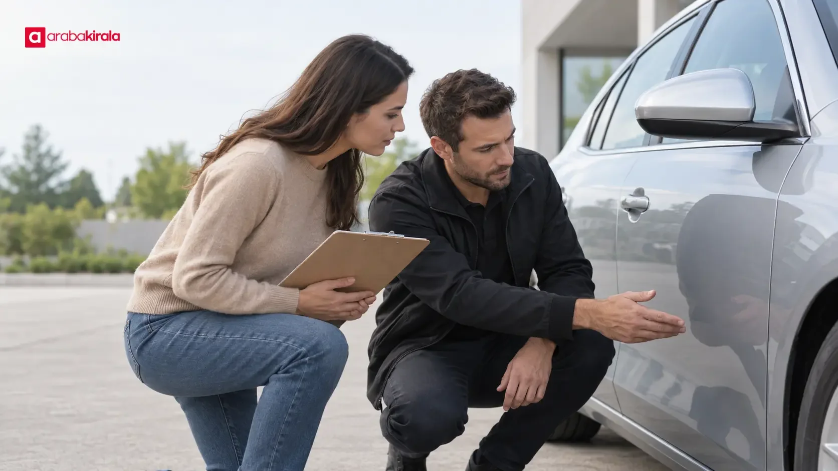 Driver reviewing rental documents and vehicle details during pickup