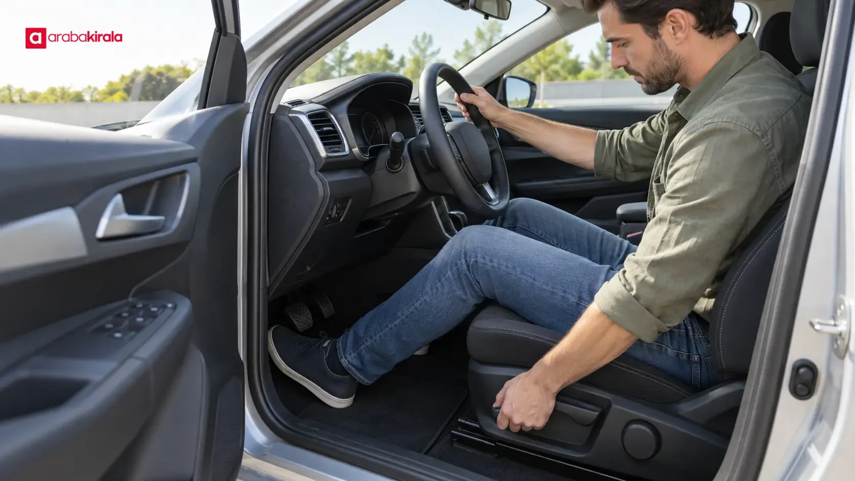 Driver adjusting the seat, steering wheel and mirrors in a rental car before driving