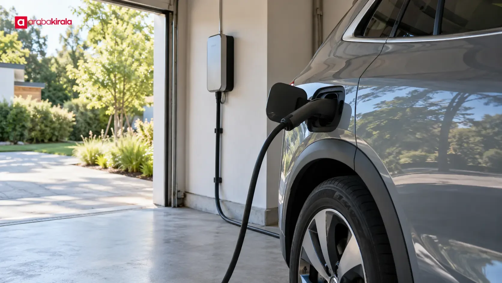 Garajda duvar tipi şarj ünitesine bağlı elektrikli araç