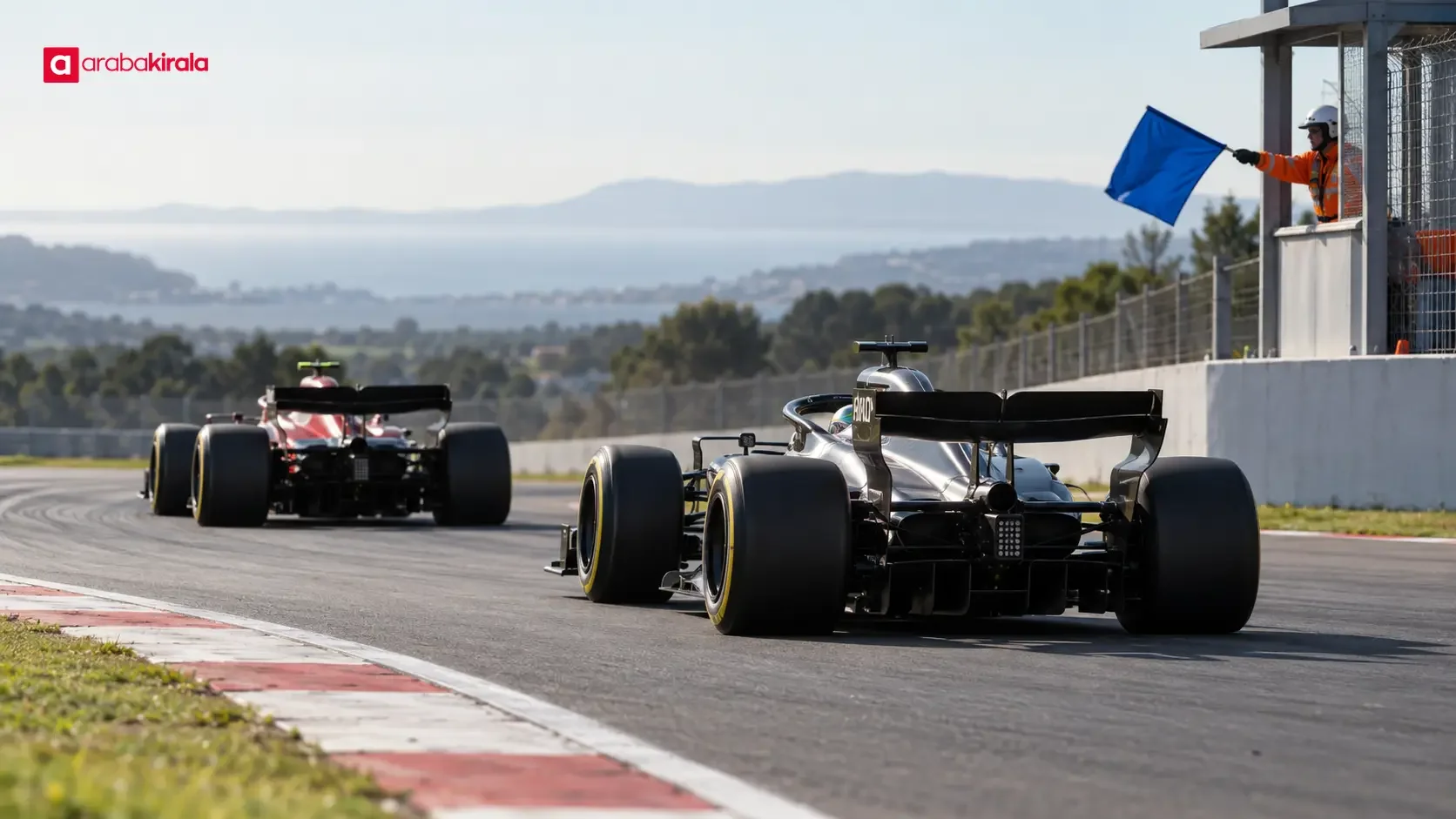 A blue flag shown during a Formula 1 race to alert a driver to a faster car