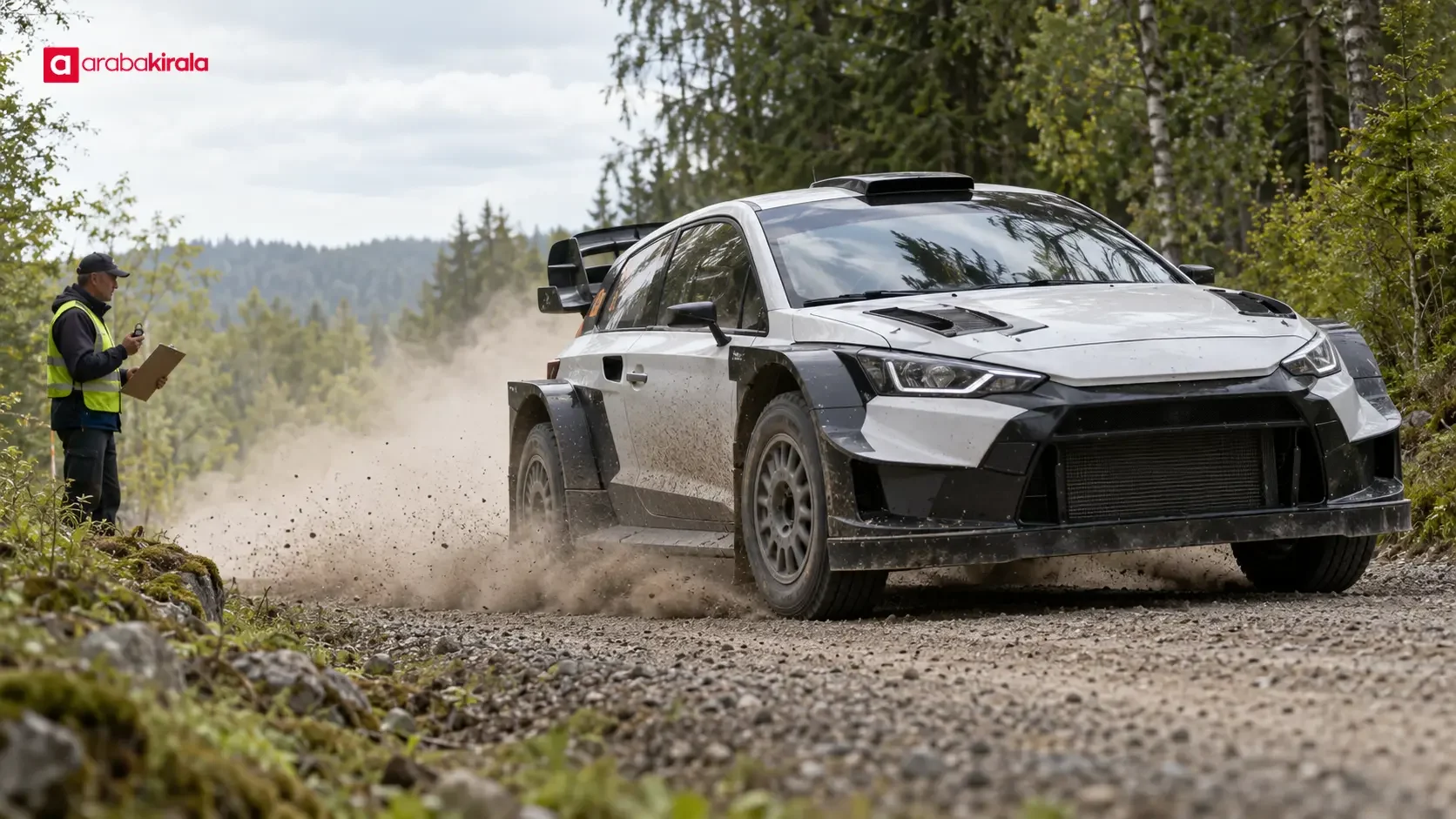 A rally car crossing a special stage finish line during a timed WRC stage