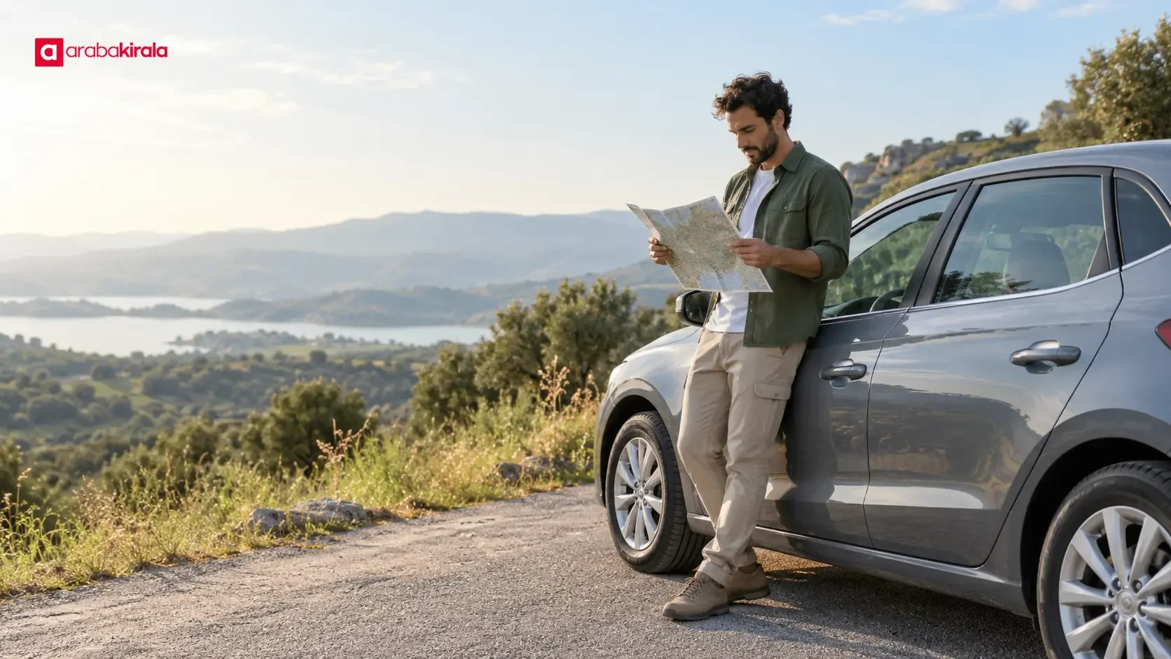 Driver reviewing a route and rest stops before a rental car journey