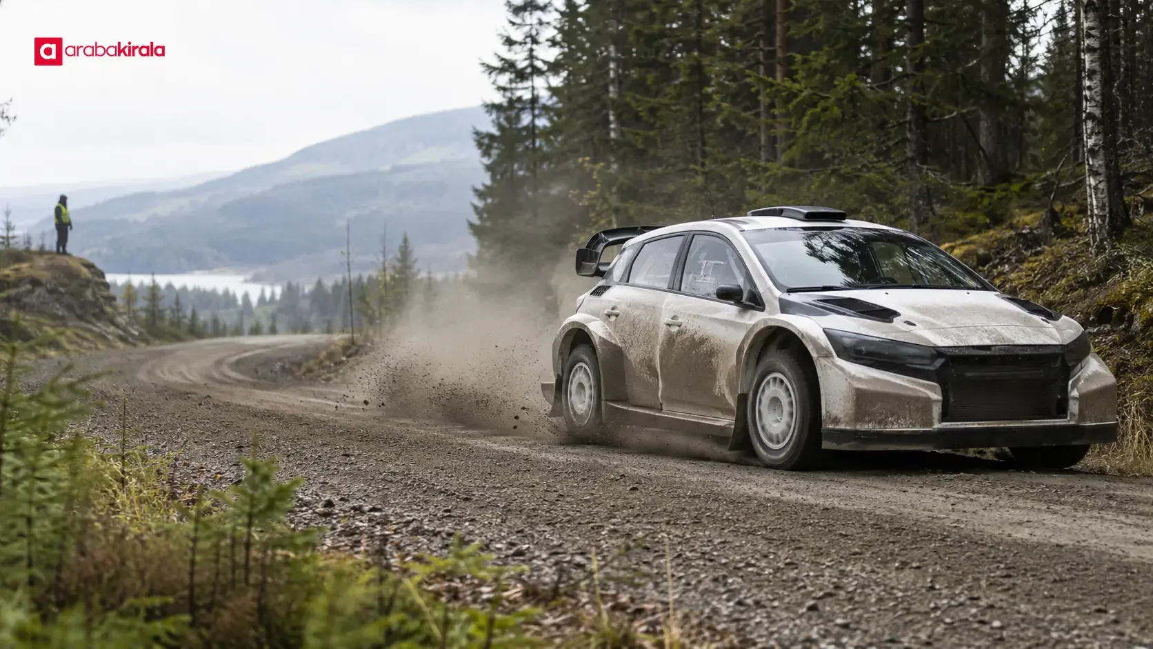 A WRC rally car negotiating a corner on a gravel special stage