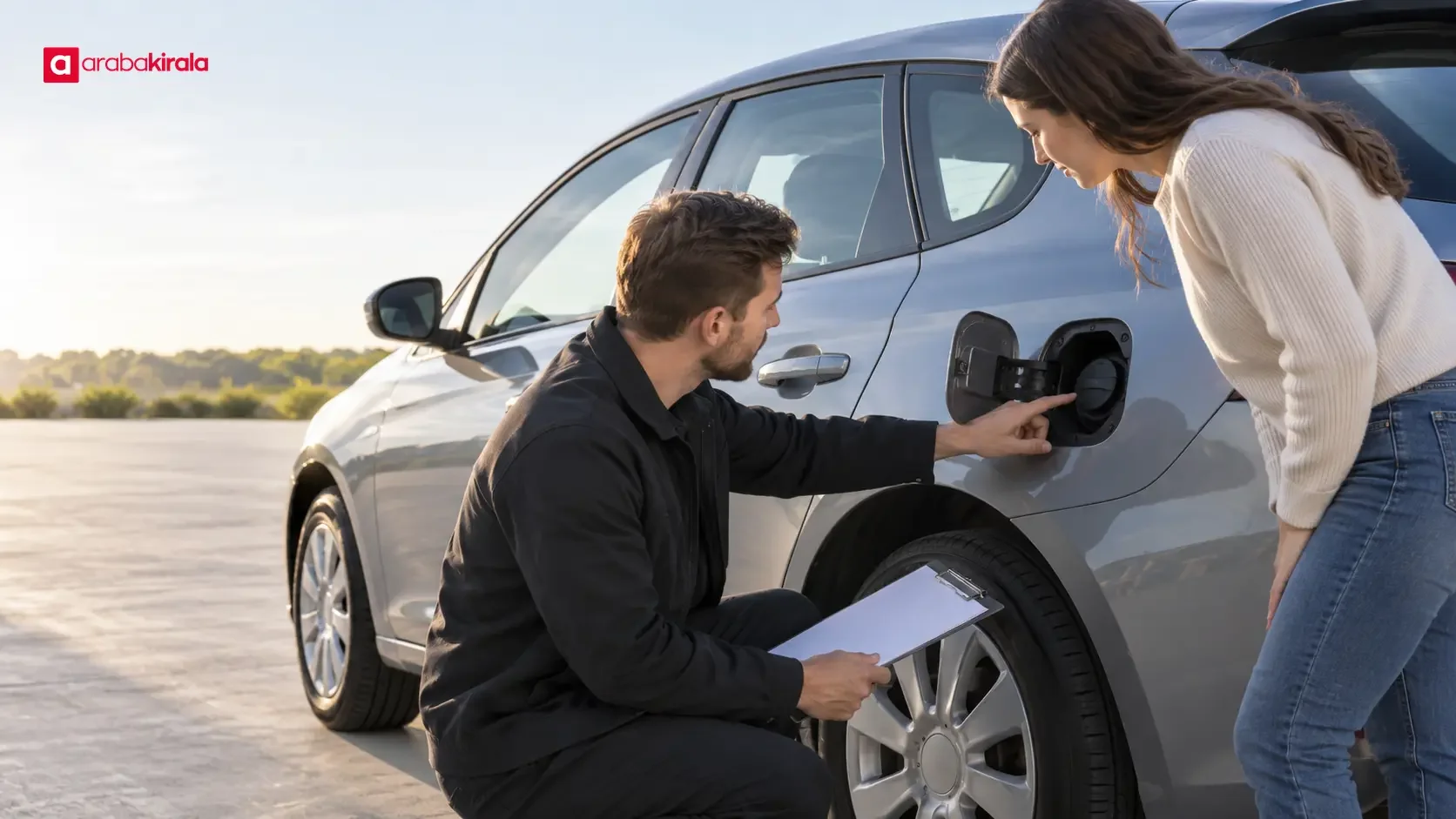 Fuel gauge and odometer being checked during a rental car handover
