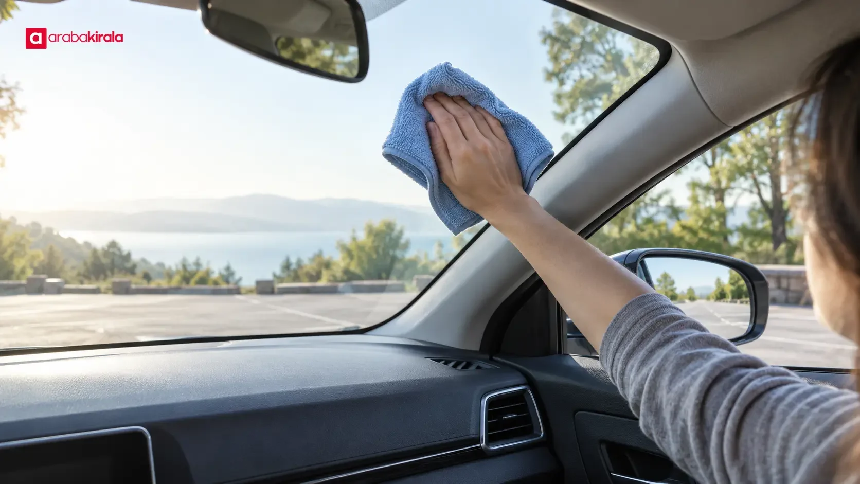 Driver checking clear windows and side mirrors of a rental car before driving