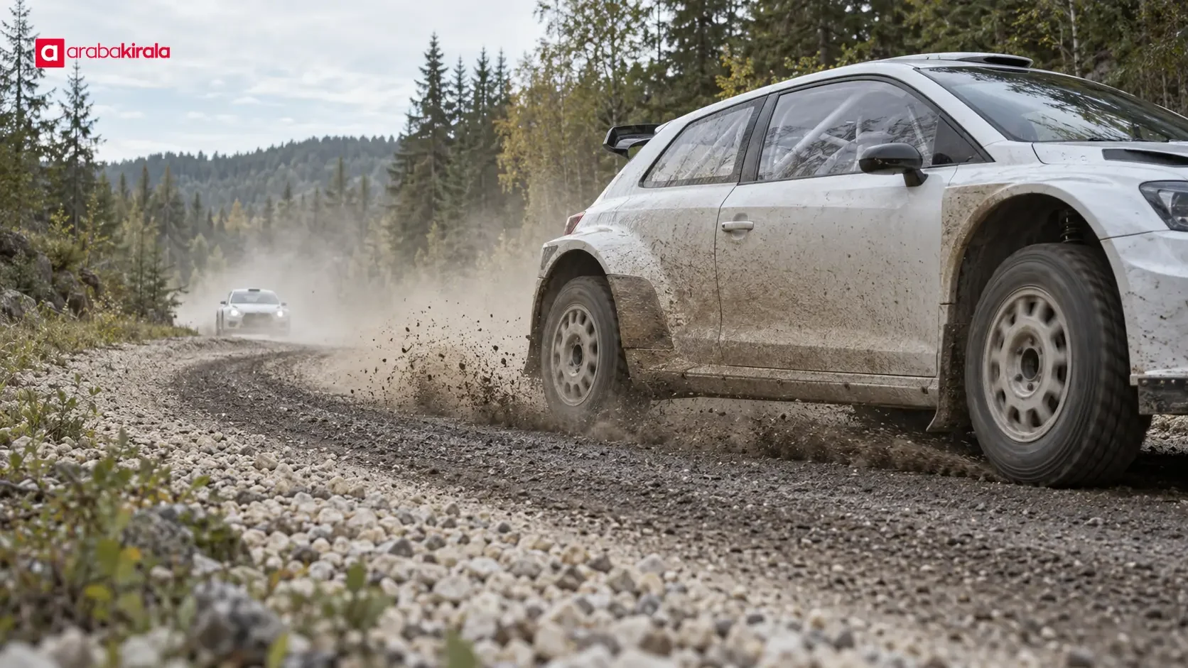WRC rally cars following one another on a dusty gravel stage