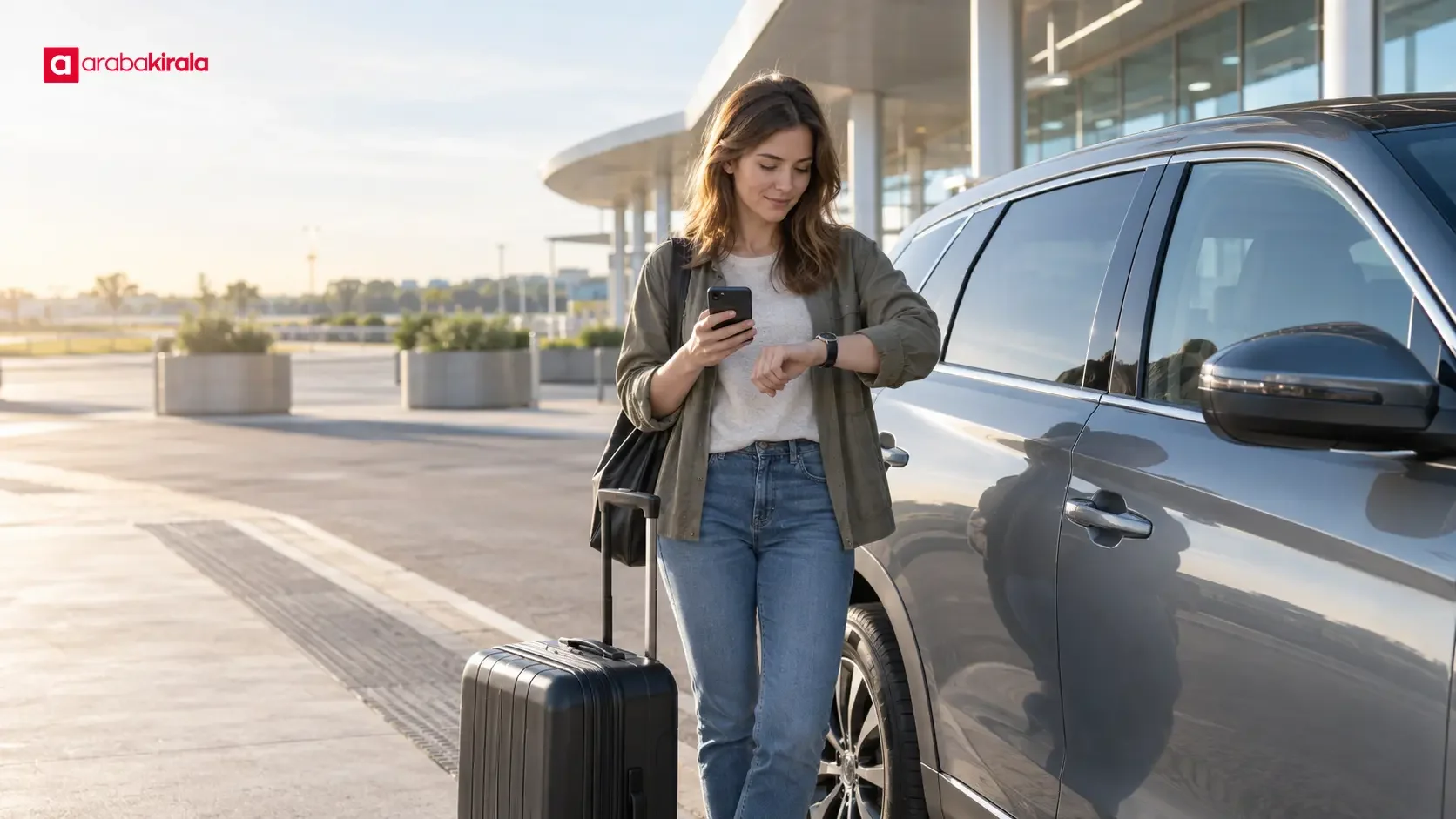 Traveler walking with luggage toward a rental car pickup point