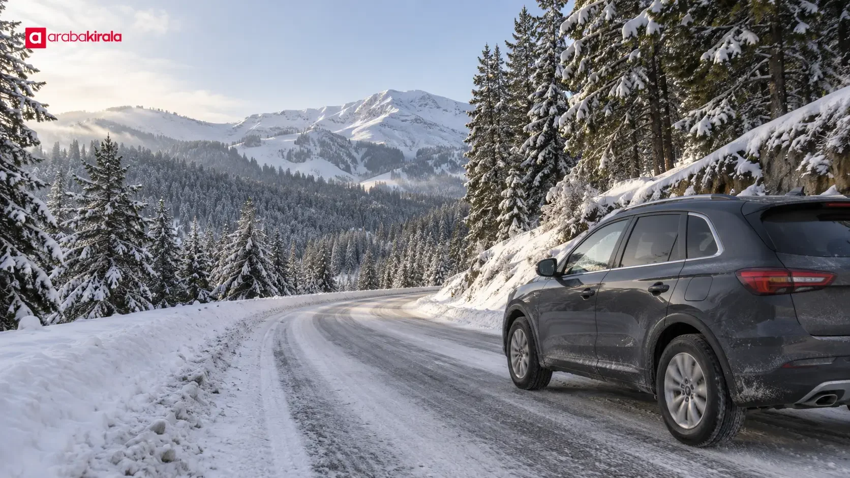 A car moving carefully along a snowy road near Mount Ilgaz