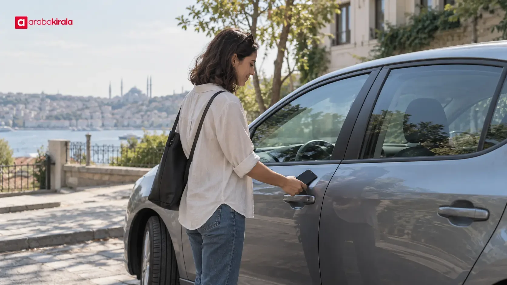 A user checks a car-sharing app while walking toward a parked vehicle.