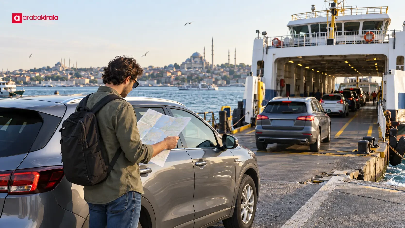 İstanbul’da feribot iskelesinin araç kuyruğunda bekleyen markasız bir otomobil