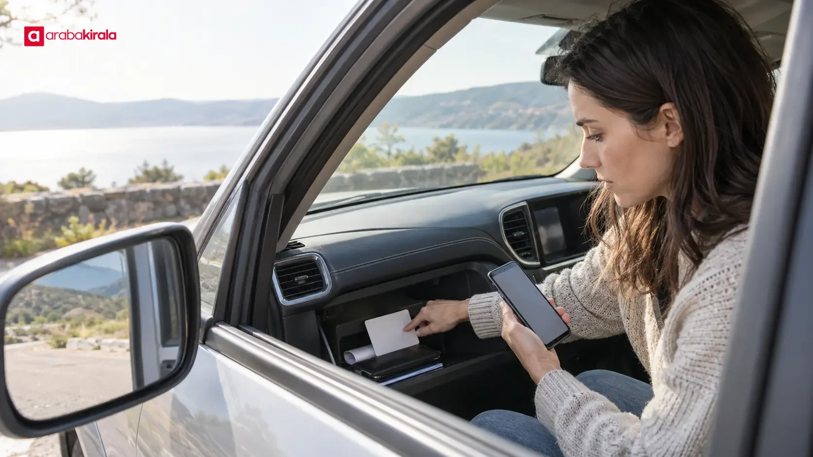 A driver reviews the rental car manual and documents