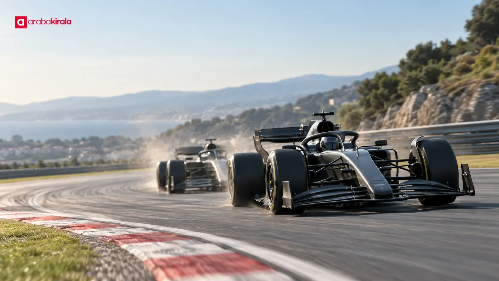 A Formula 1 car closely follows another car out of a corner
