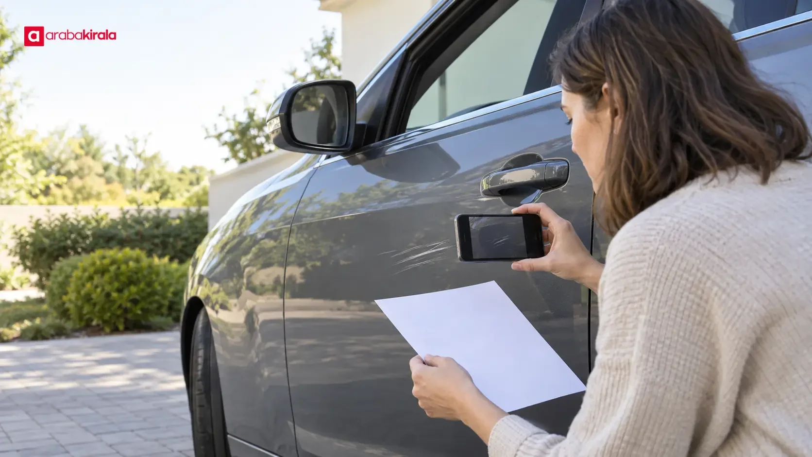 A car owner reviews policy documents beside a parked car