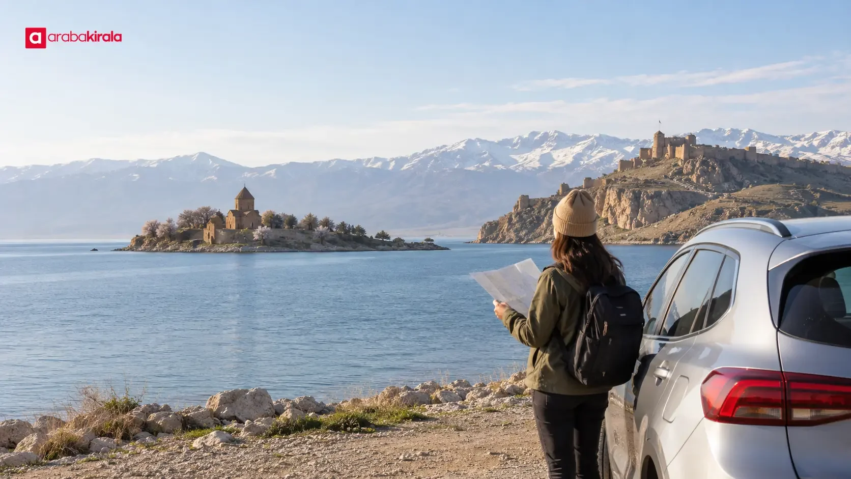 A car parked near the pier for Akdamar Island on the shore of Lake Van