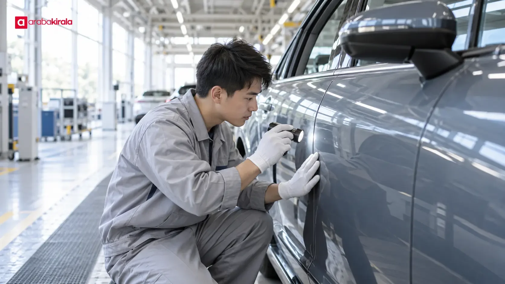 Technicians carrying out quality checks on an automotive production line