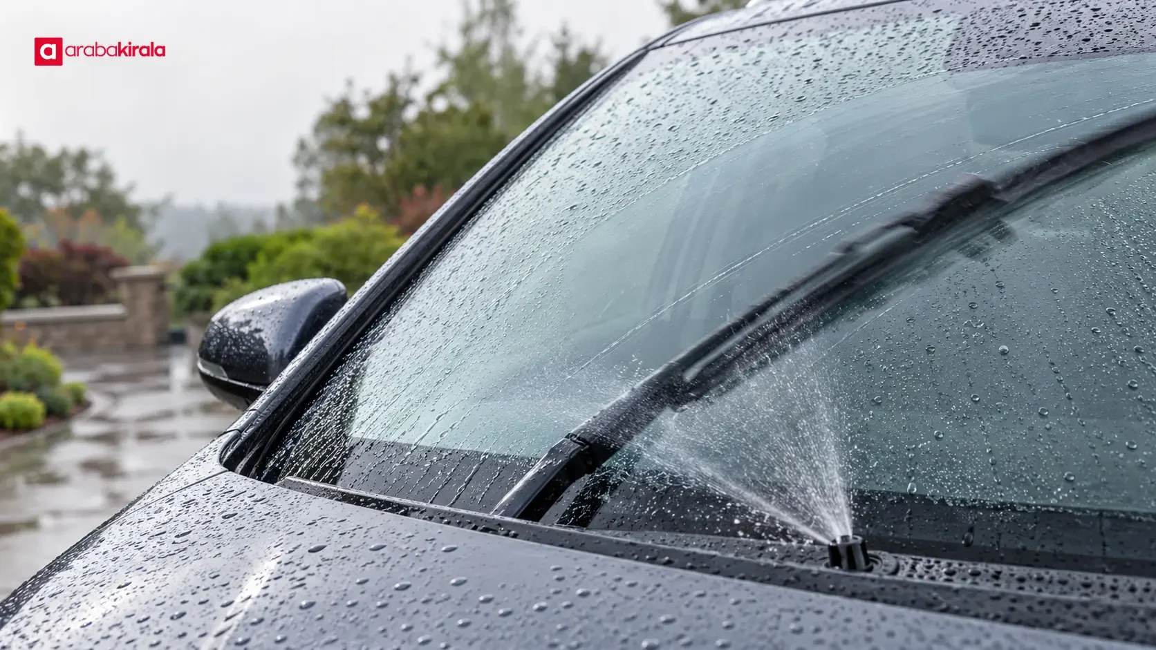 Car windshield wipers clearing rain from the glass