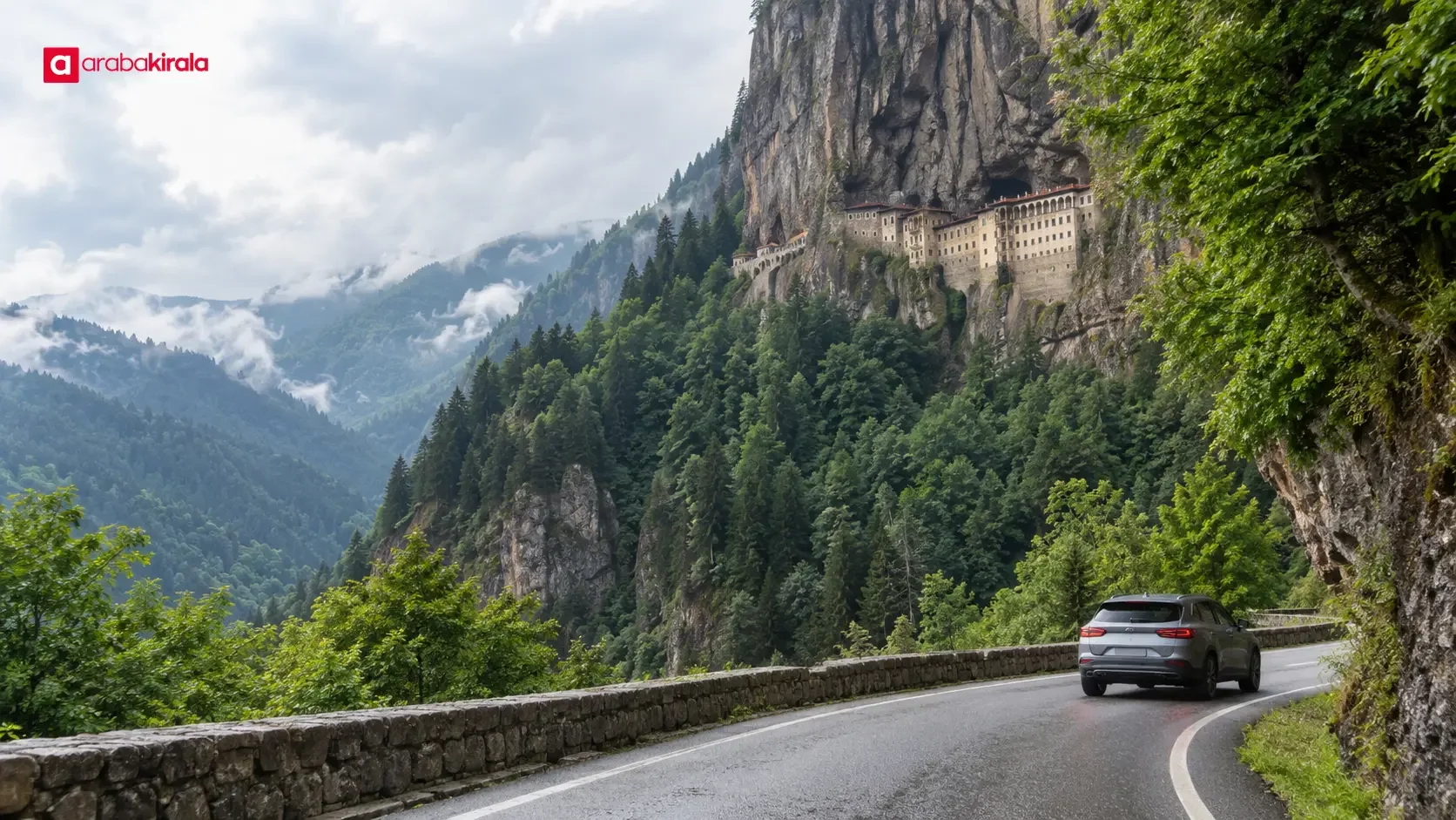 A winding valley road leading toward Sumela Monastery in Trabzon