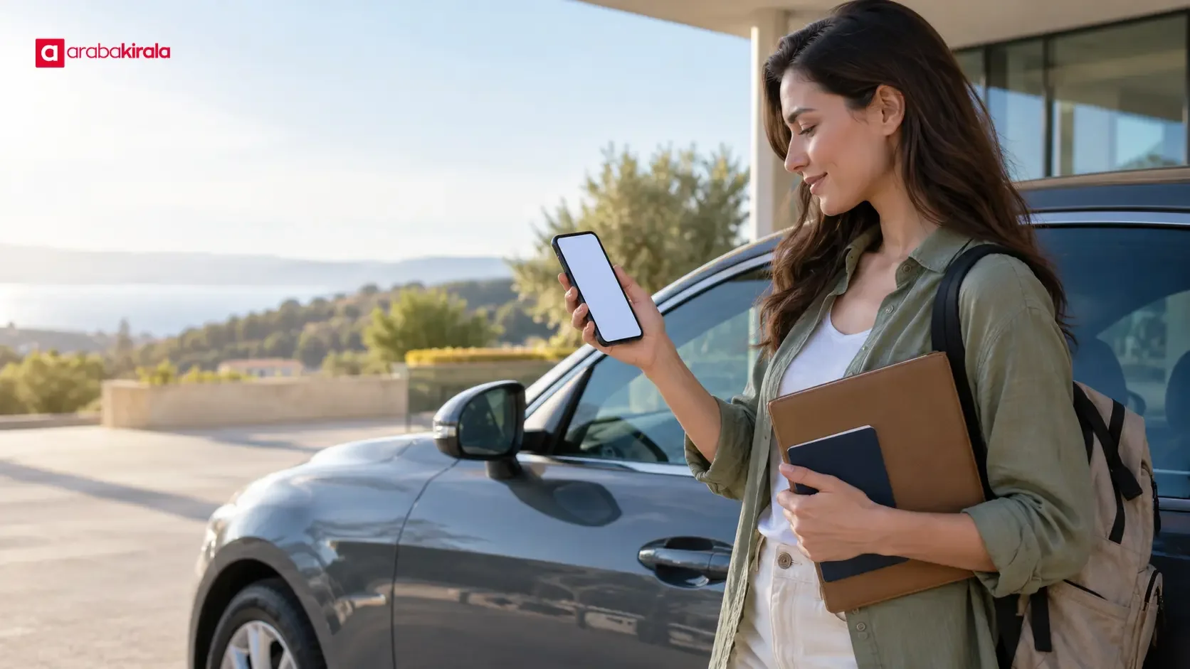 Traveler organizing a car rental confirmation and travel documents before a trip