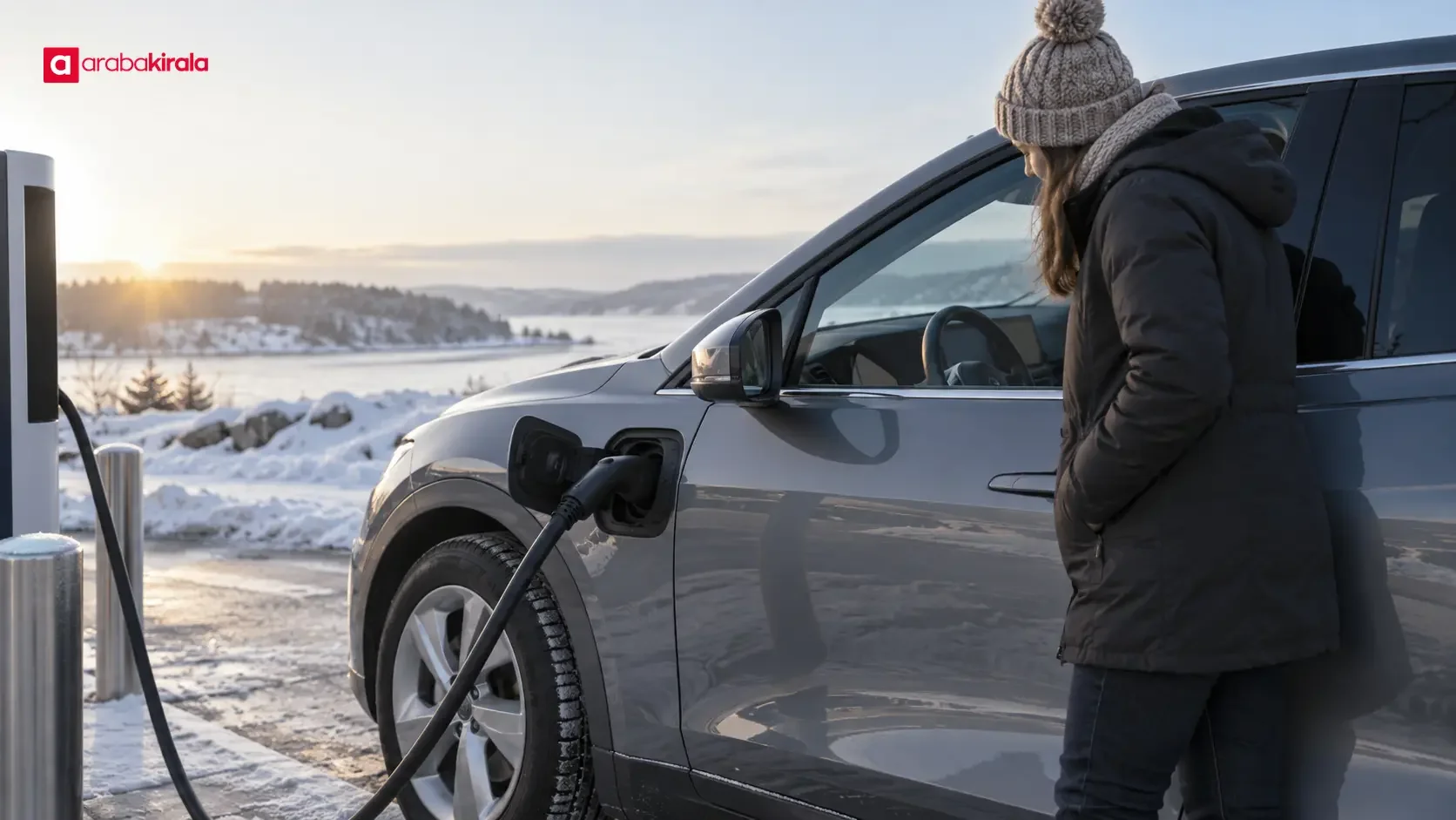 An electric car plugged in and preparing its battery for charging in cold weather