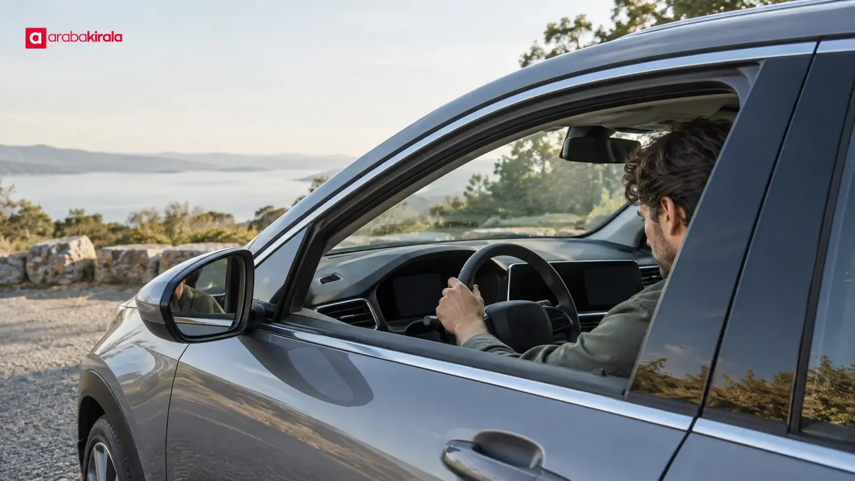 Driver reviewing fuel consumption data on a parked car’s dashboard