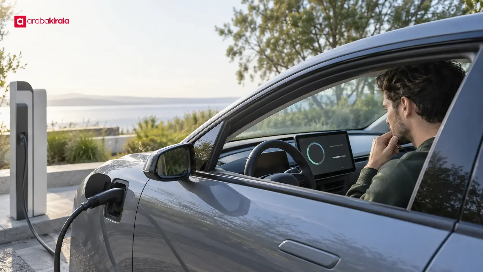 Electric vehicle display showing battery percentage, charging power and estimated time remaining