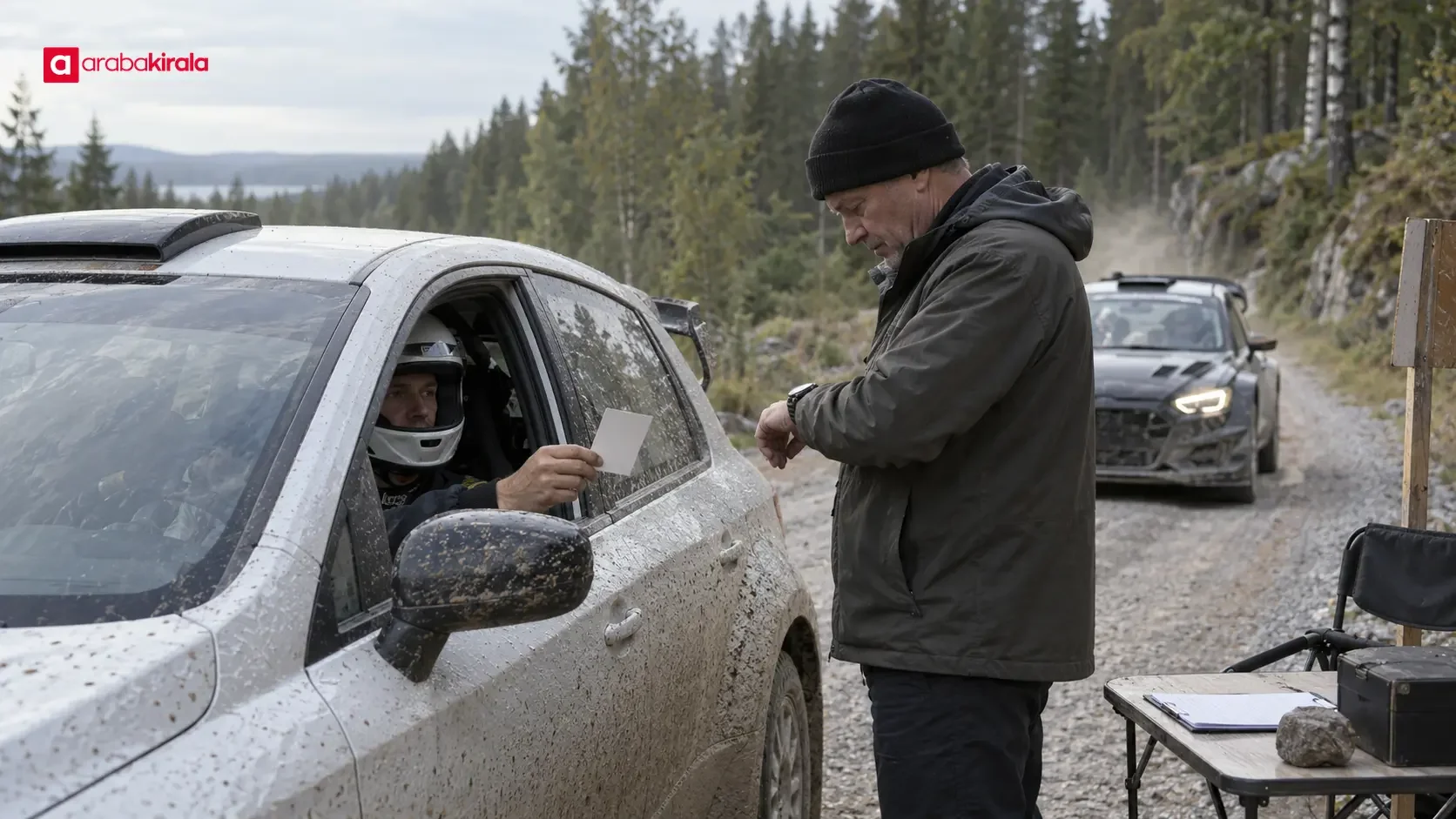 An official checking a rally car’s time card at a WRC time control point