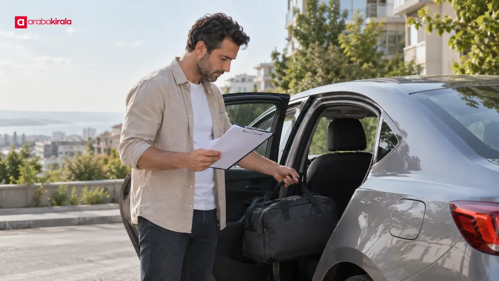 A renter arranging documents and travel essentials before picking up a car