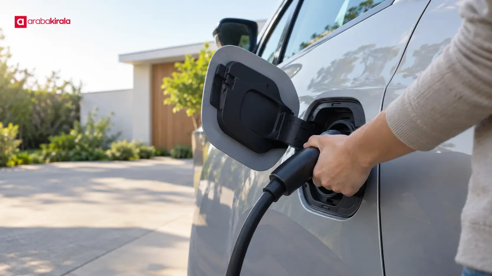 AC şarj direğine bağlı elektrikli otomobil ve şarj kablosu