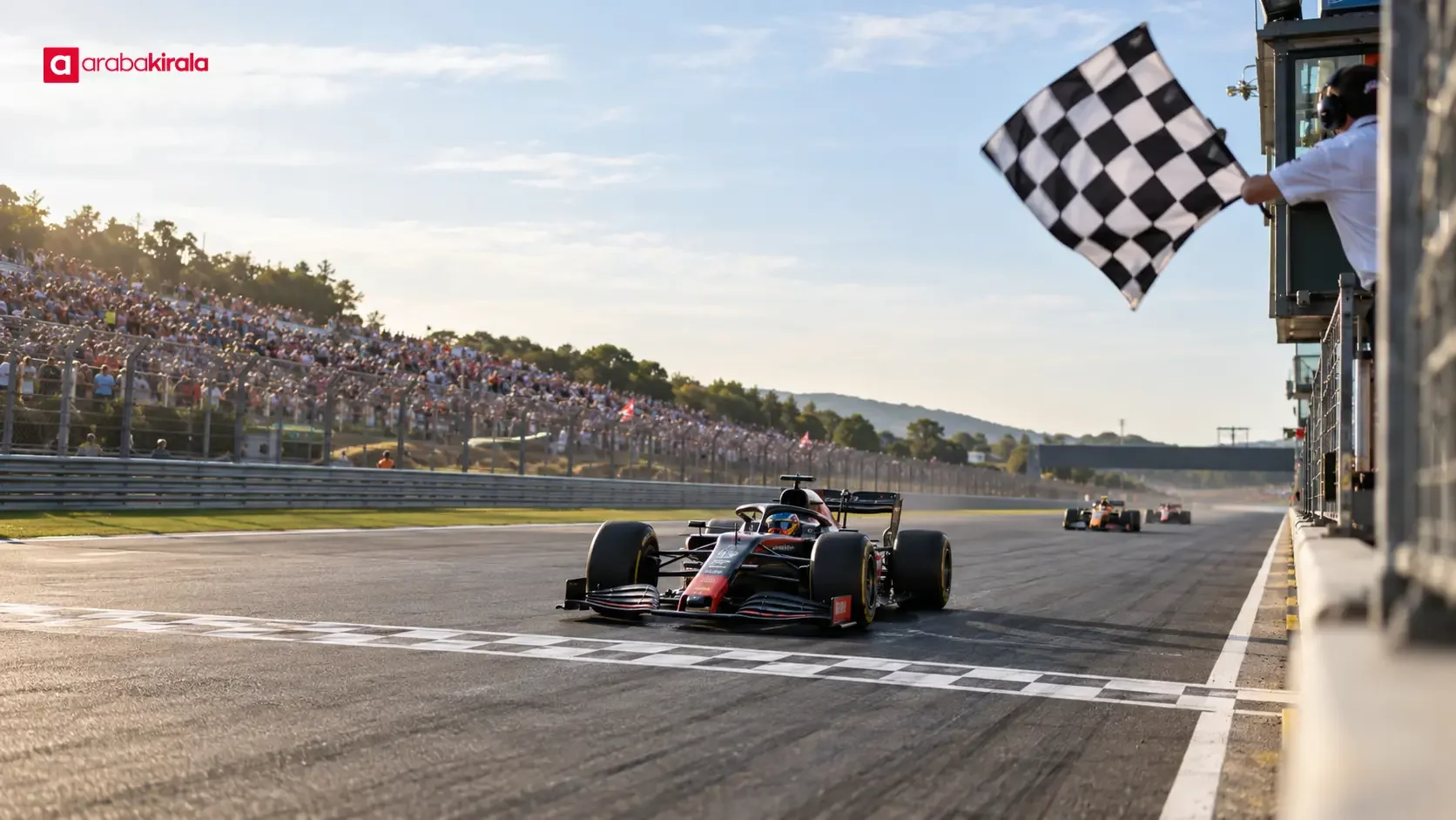 Formula 1 car approaching the finish beneath a chequered flag