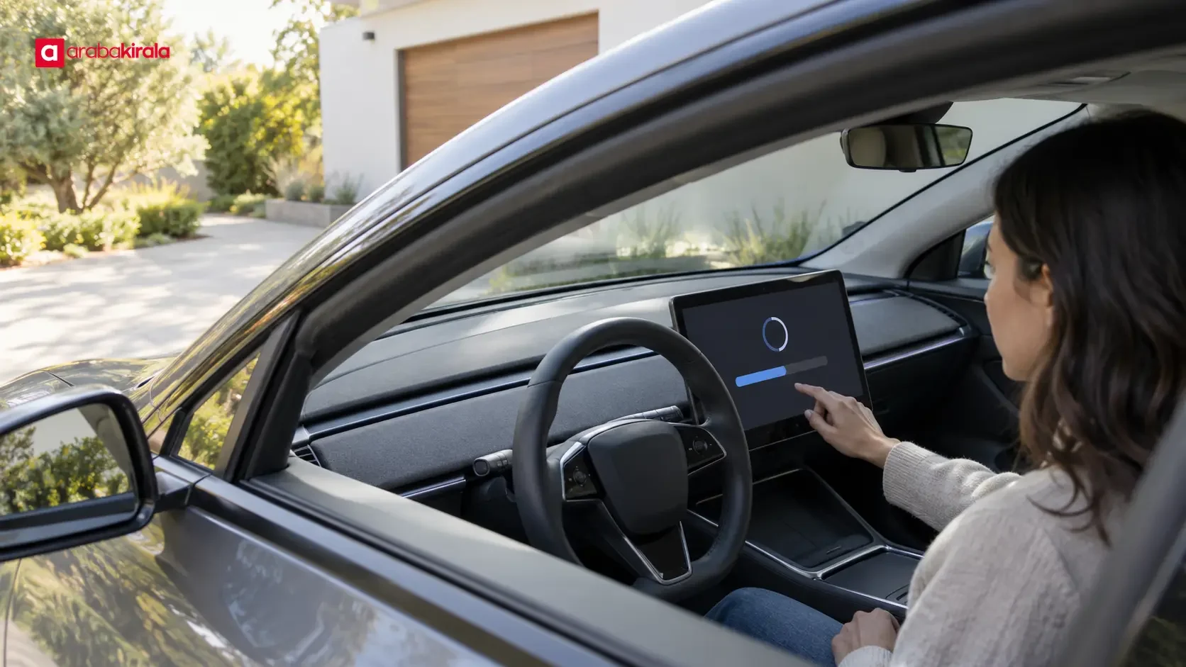 Park halindeki elektrikli aracın ekranında yazılım güncelleme göstergesi
