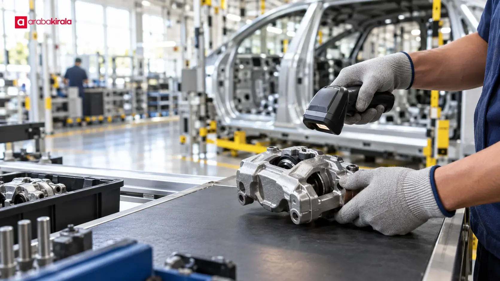 Üretim hattında metal otomotiv parçasının kimlik işaretini tarayan kalite kontrol çalışanı