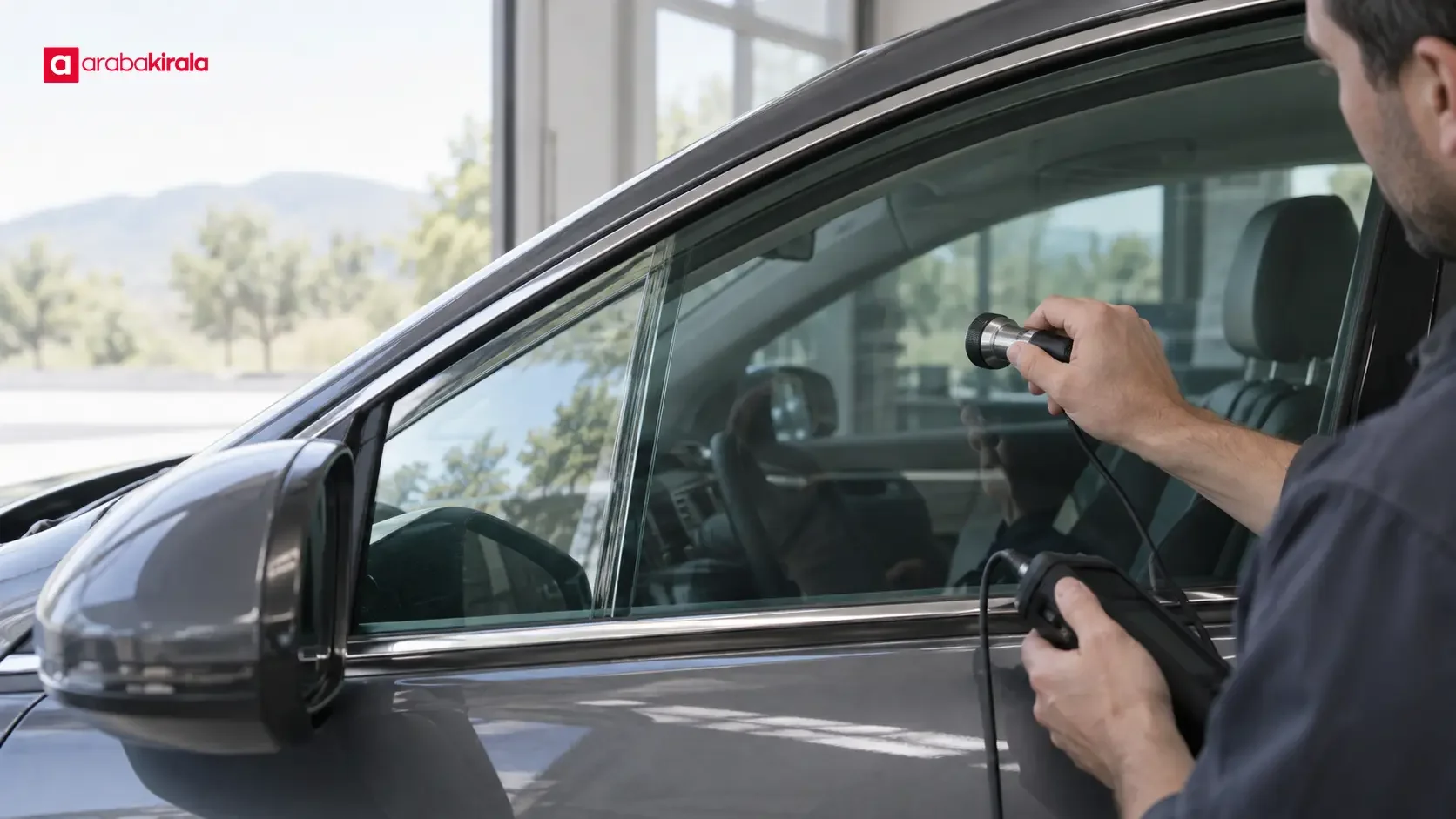 Otomobilin ön yan camını kabin içinden inceleyen sürücü