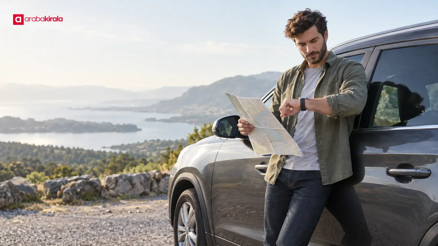 Driver checking the car’s odometer and fuel gauge at rental pickup