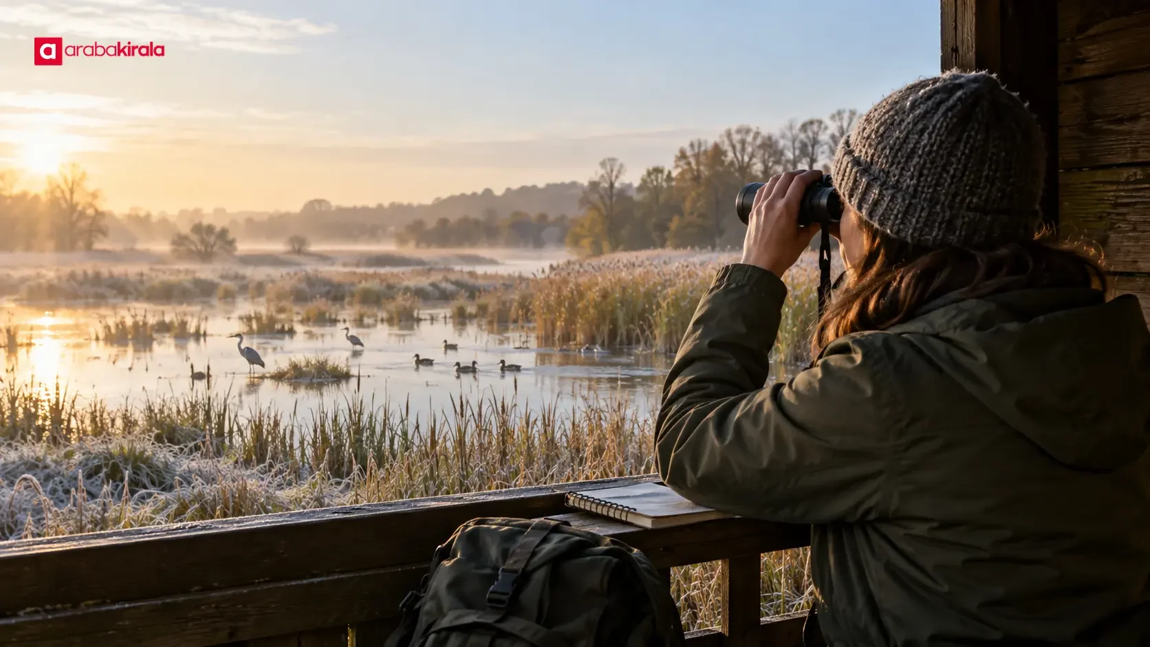 A visitor prepared for the season watches birds through binoculars at a wetland