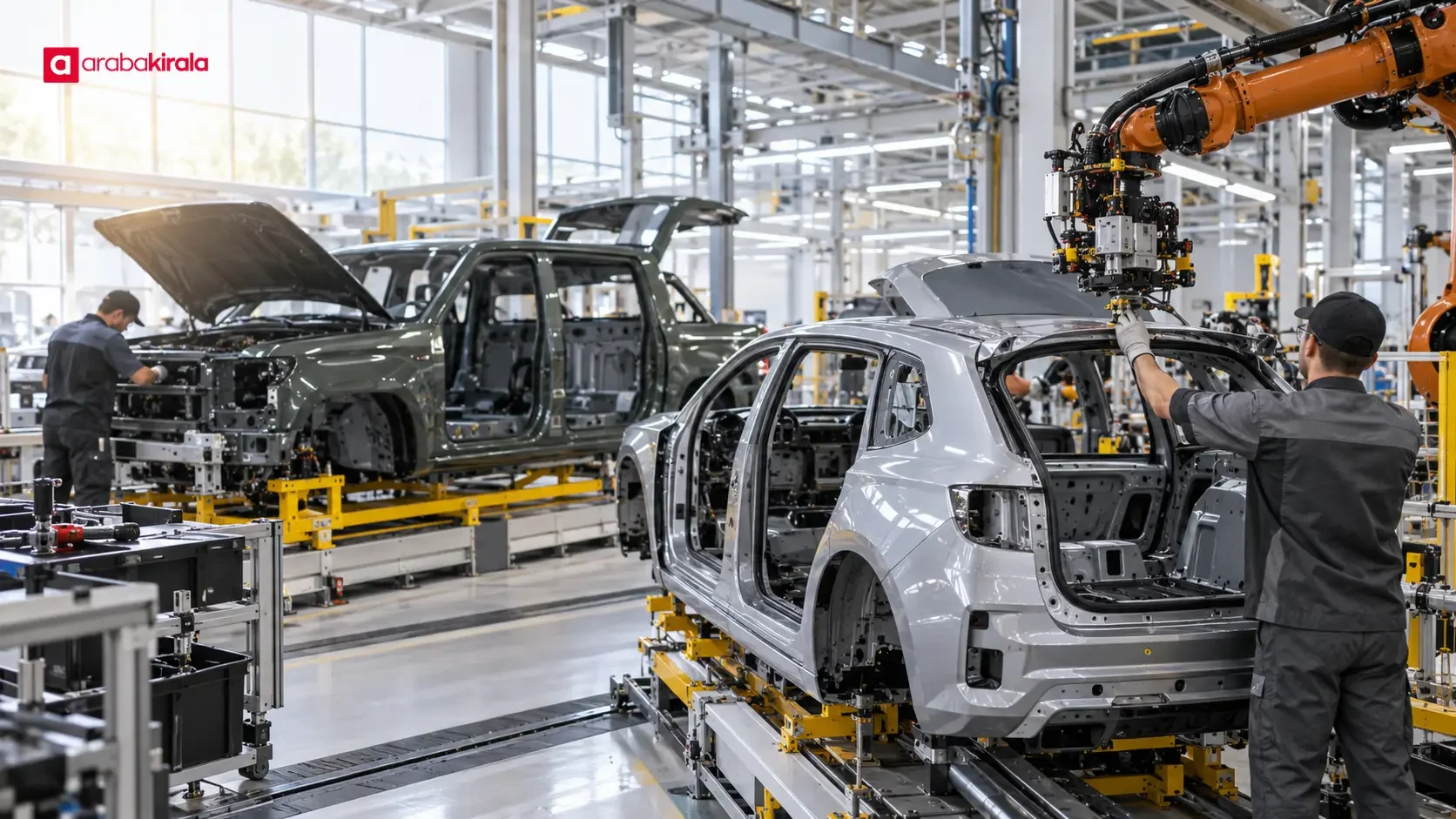 Different vehicle bodies being built on the same automotive assembly line