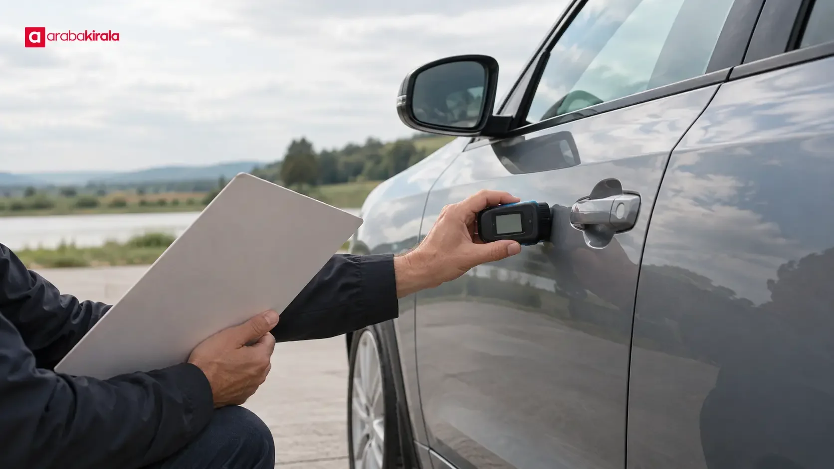 Driver reviewing insurance papers beside a parked car