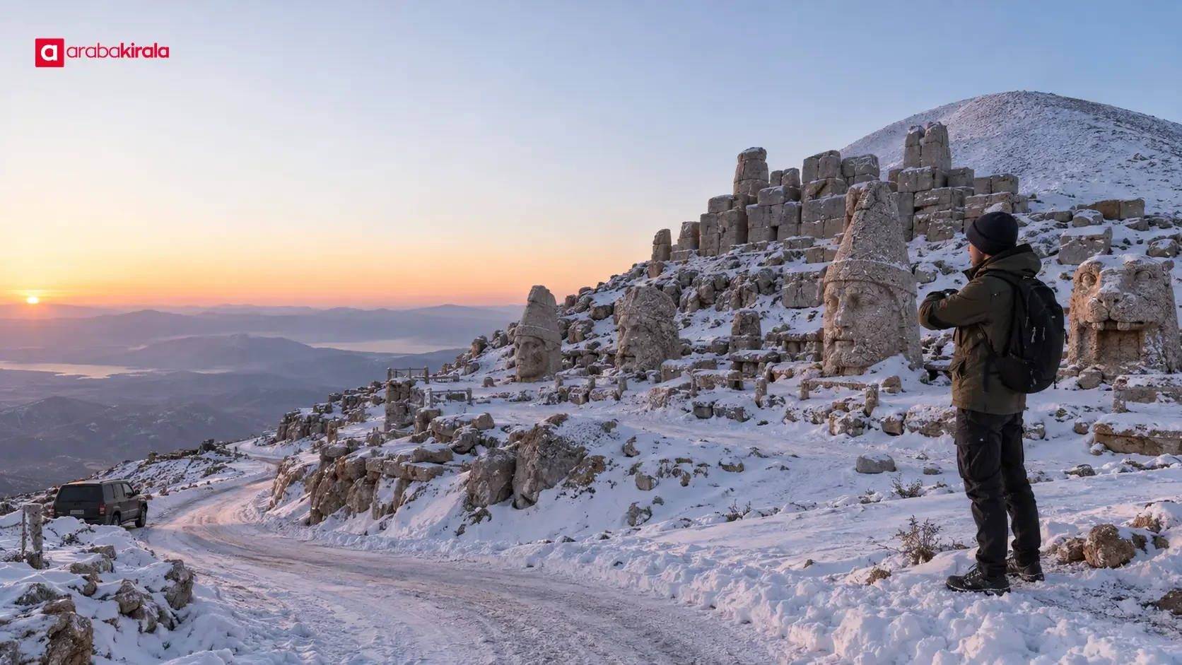 Mount Nemrut and its stone statues in winter
