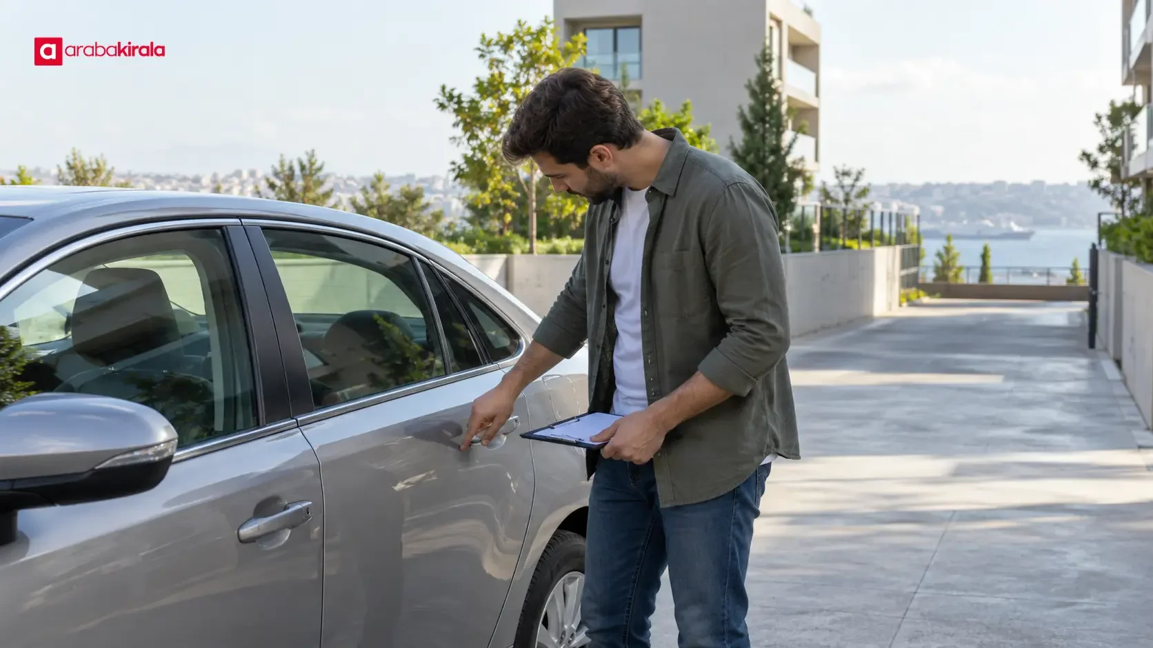 Driver checking the exterior and interior of a rental car after pickup