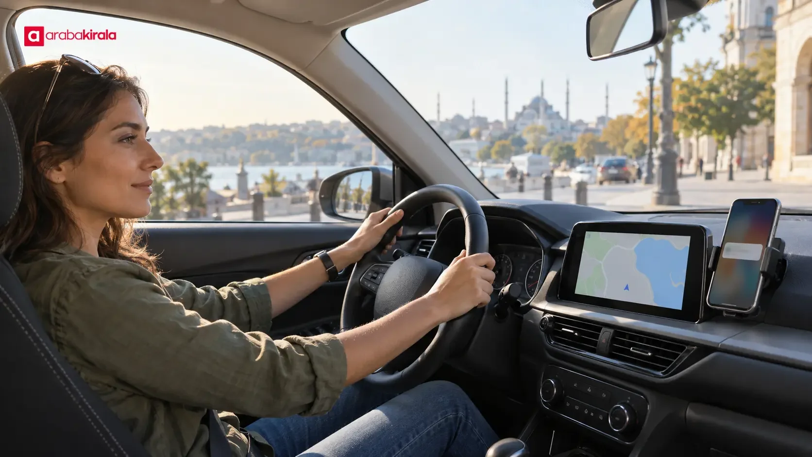 Driver preparing in-car navigation and phone notification settings before driving in Istanbul